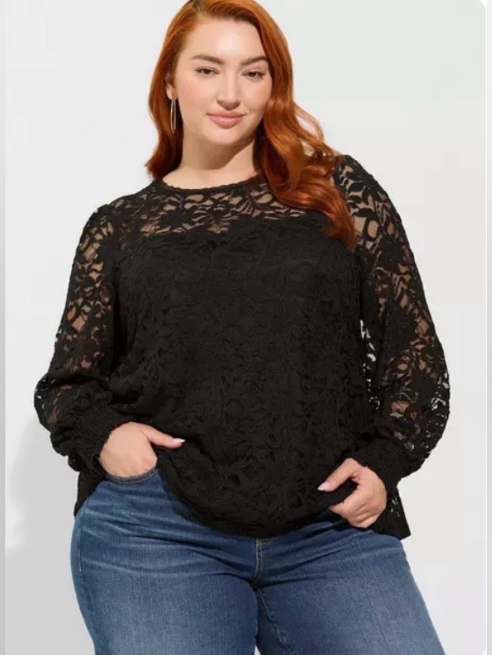 Torrid Stretch Lace And Mesh Crew Neck Long Sleeve Top Black 0 L 12